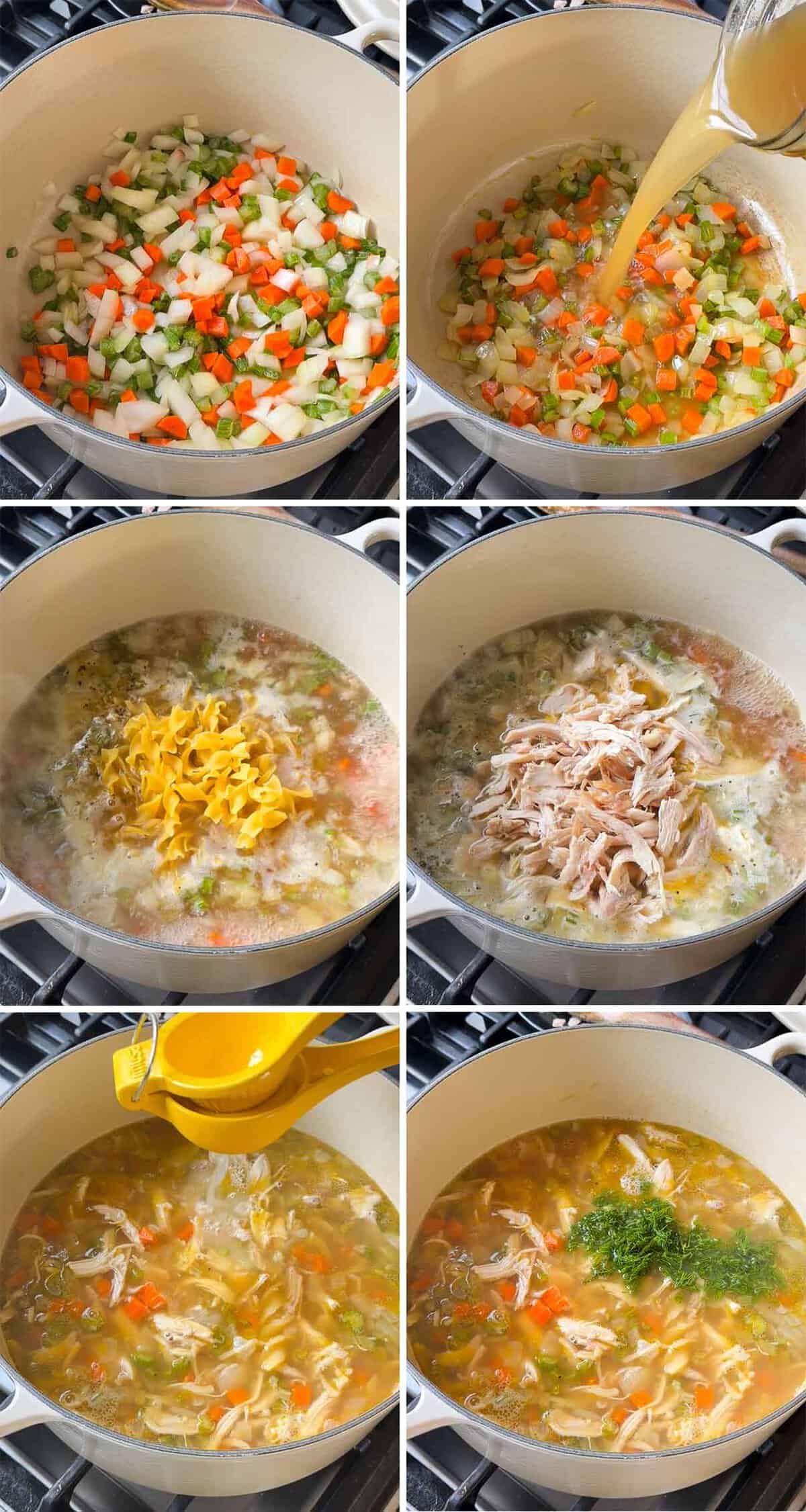 Six-image collage showing how to make chicken noodle soup: diced onion, carrot, and celery in a pot; broth poured over the sautéed vegetables; egg noodles added to the simmering soup; shredded chicken added to the pot; lemon juice being squeezed in; and fresh dill added on top.