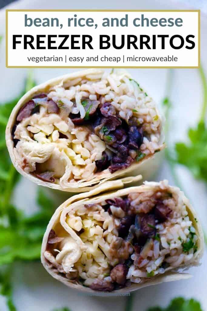 Pinterest image for freezer burritos with beans, rice, and cheese.