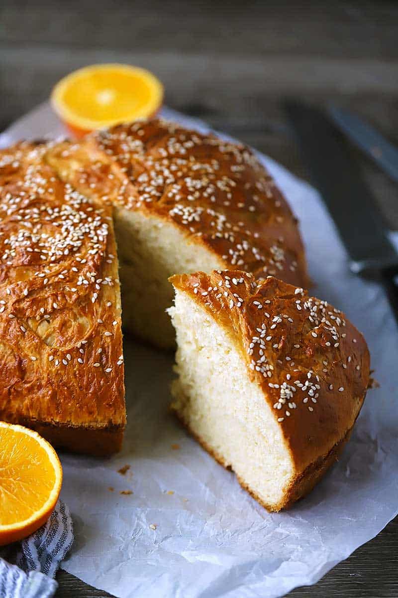 A slice taken out of a loaf of Vasilopita, or Greek New Years Bread.