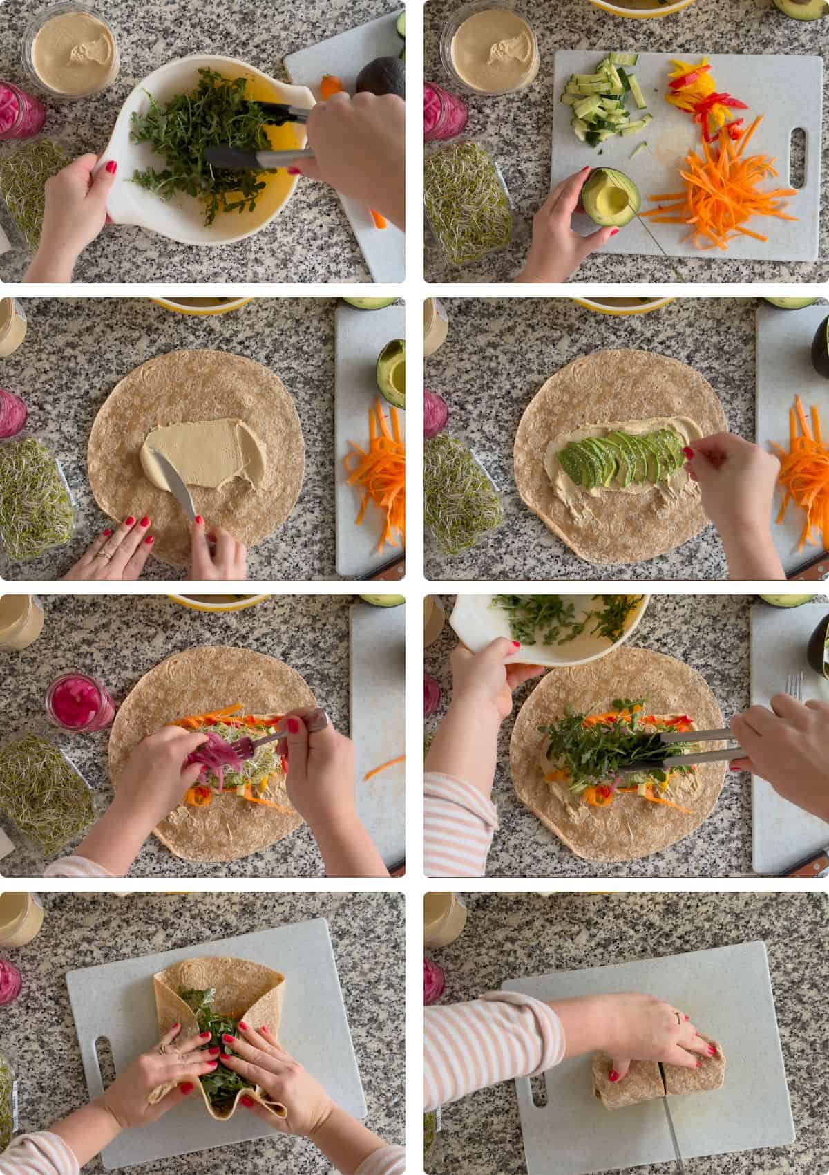 Process collage showing how to assemble a veggie wrap with dressed greens, hummus, and avocado.