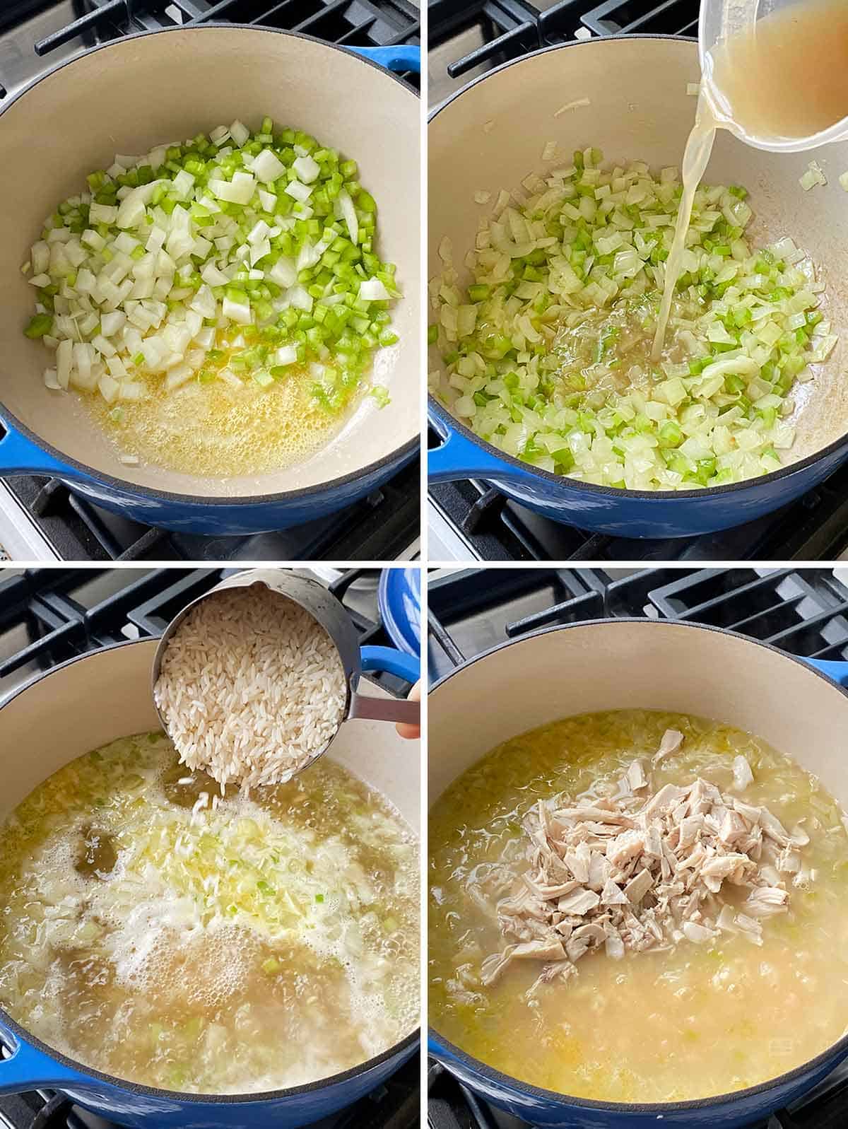 Process collage showing sautéing celery and onions in butter, adding broth, rice, and chicken in a Dutch oven.