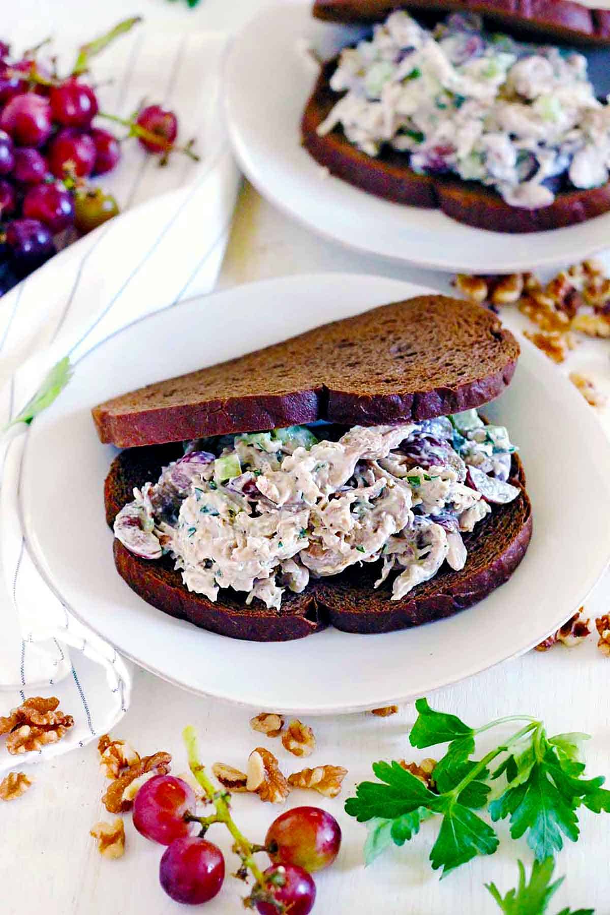 A white plate with a chicken salad with grapes sandwich on pumpernickel bread.