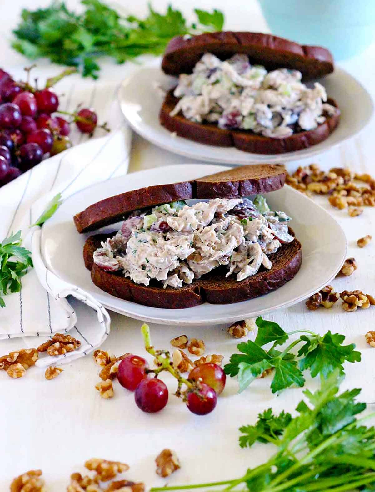 A white plate with a chicken salad with grapes sandwich on pumpernickel bread.