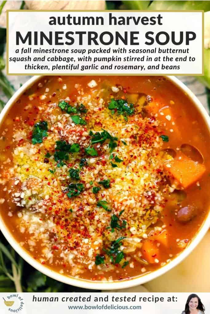 Pinterest graphic for autumn harvest minestrone soup, showing an overhead bowl of tomato broth with butternut squash, beans, grated cheese, red pepper flakes, and parsley.