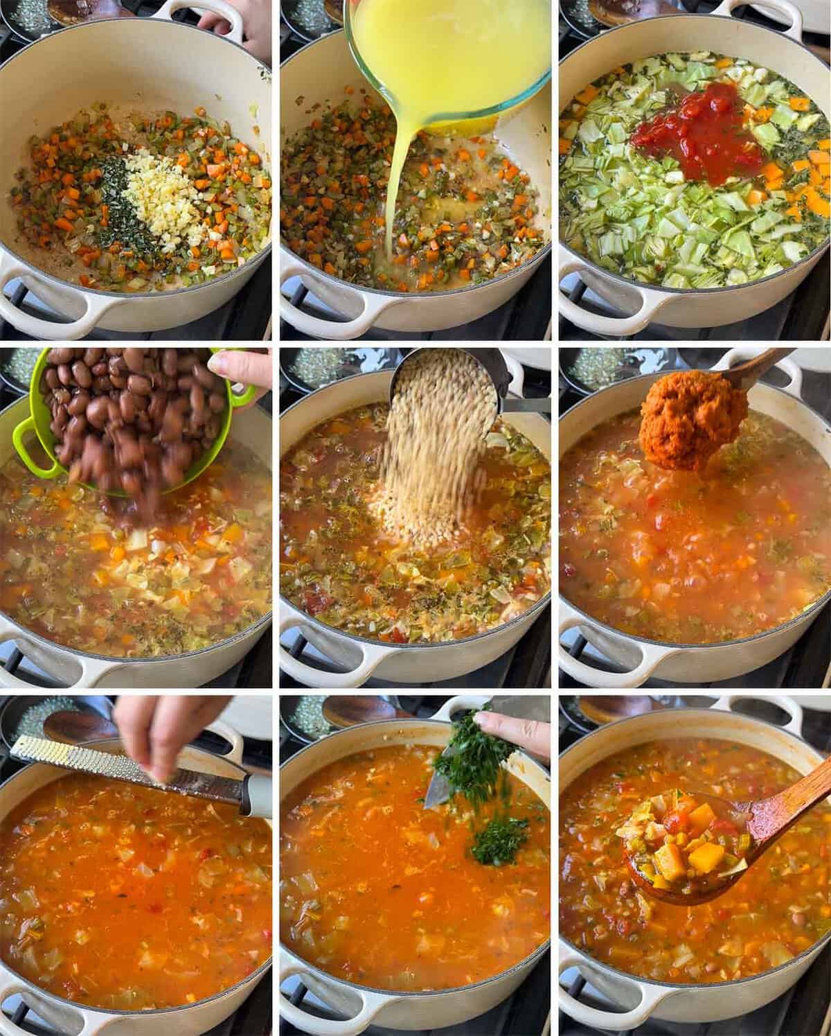 Nine-image collage showing how to make autumn harvest minestrone: sautéing diced vegetables with garlic and rosemary; pouring in broth; adding cabbage, squash, and tomatoes; adding beans; adding pasta; stirring in pumpkin puree; grating cheese over the soup; adding chopped parsley; and ladling out the finished soup.