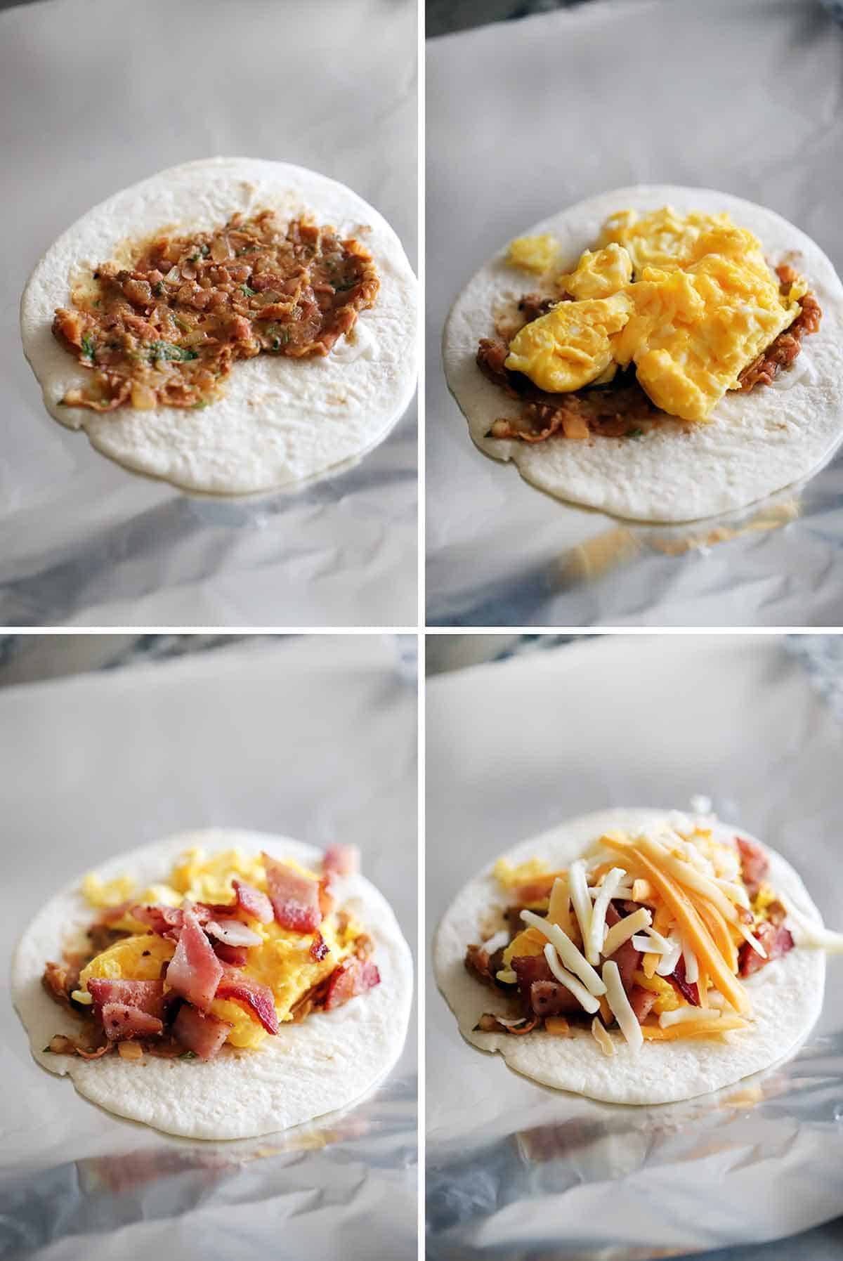 Process collage showing layering ingredients for breakfast tacos in a flour tortilla on a piece of foil.
