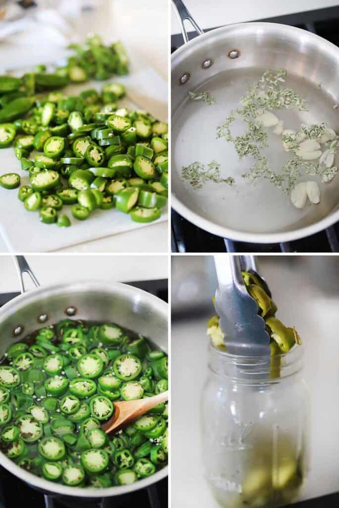 Process collage showing how to make quick pickled jalapeños.