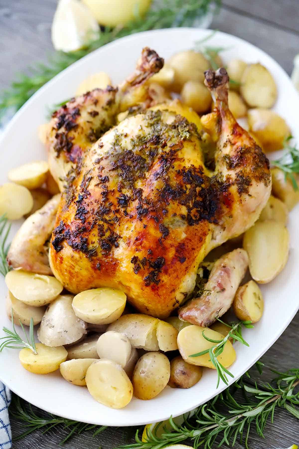 Whole roast chicken on a platter with potatoes.
