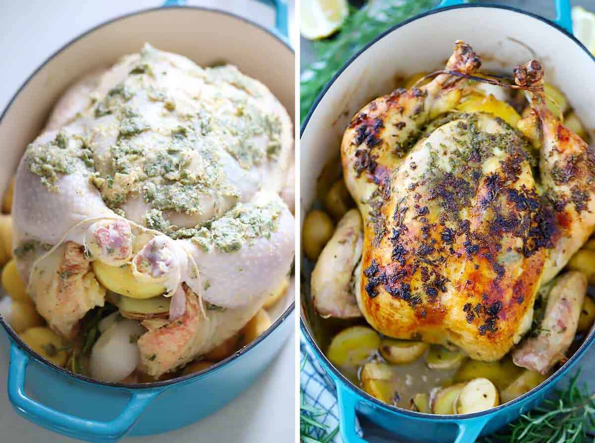 Cooking a whole chicken in a dutch oven before and after.