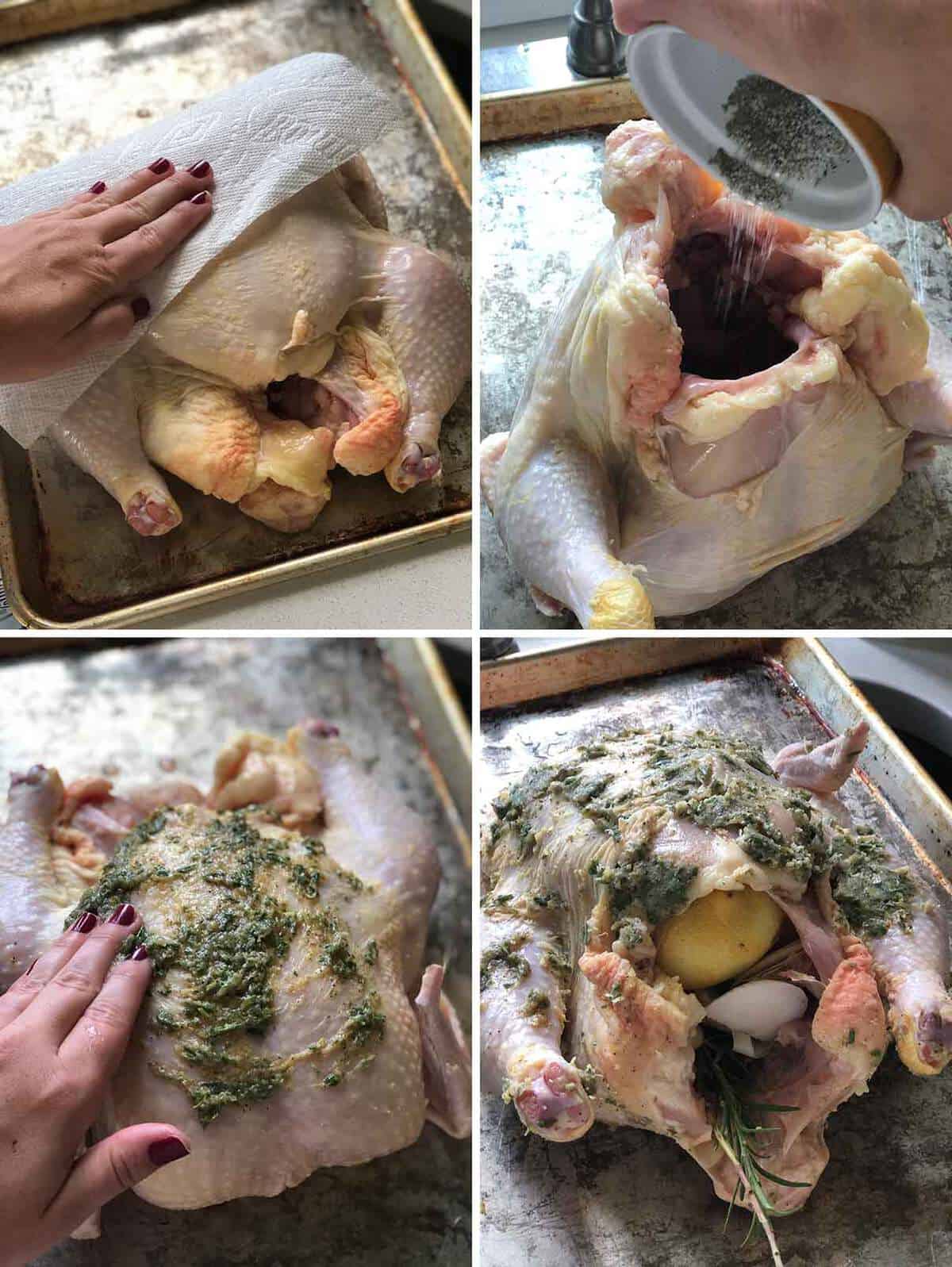 Patting a whole chicken dry, seasoning the cavity with salt and pepper, seasoning with lemon garlic rosemary butter, and adding lemon rinds and other scraps to the cavity.