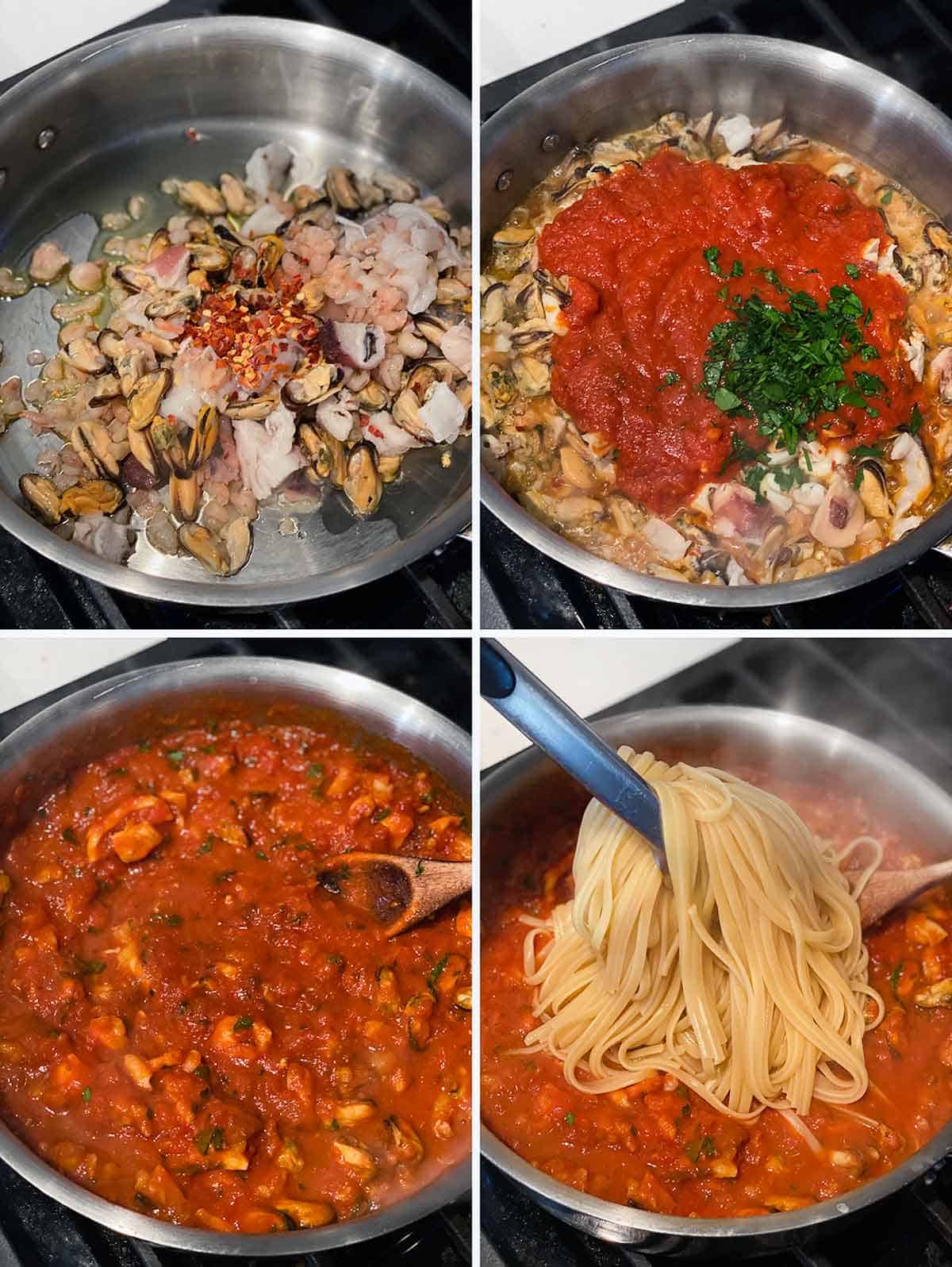 Process collage showing how to make seafood linguine with fra diavolo sauce in a skillet.