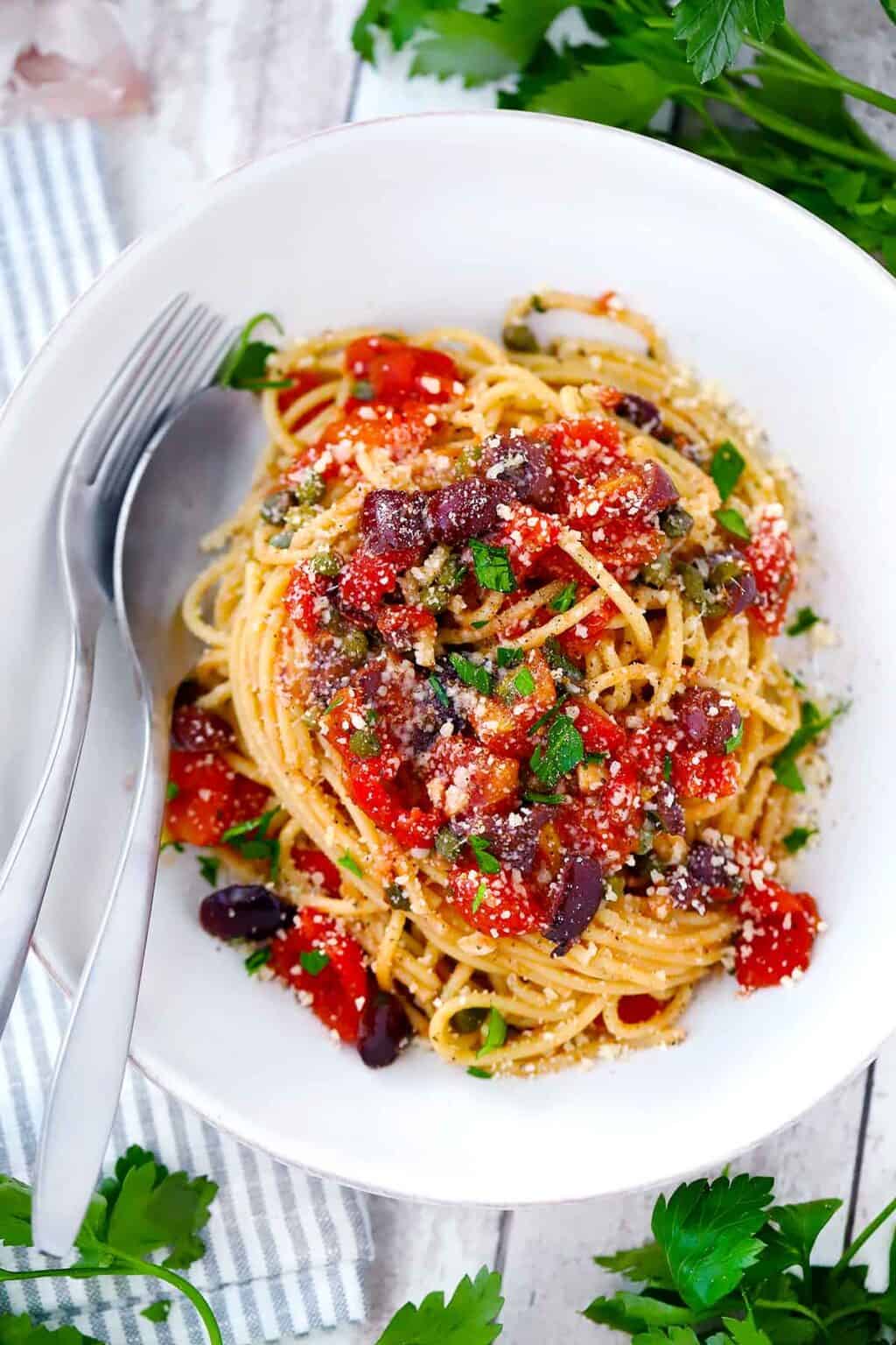 Pasta Puttanesca (with olives, anchovies, and capers) Bowl of Delicious