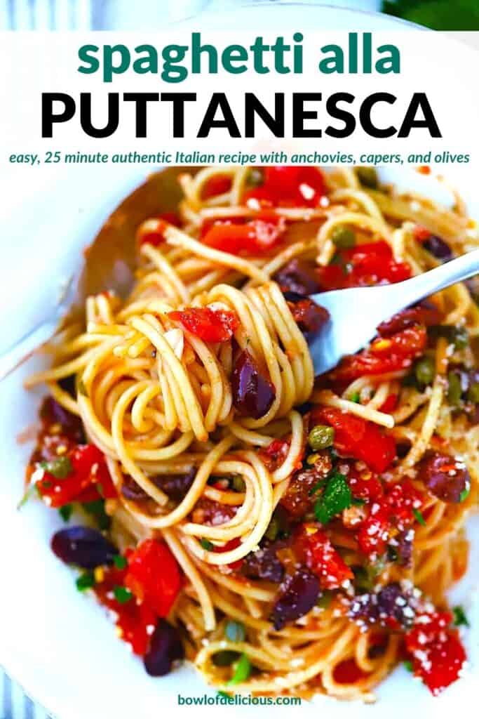 Pinterest image for spaghetti alla puttanesca.