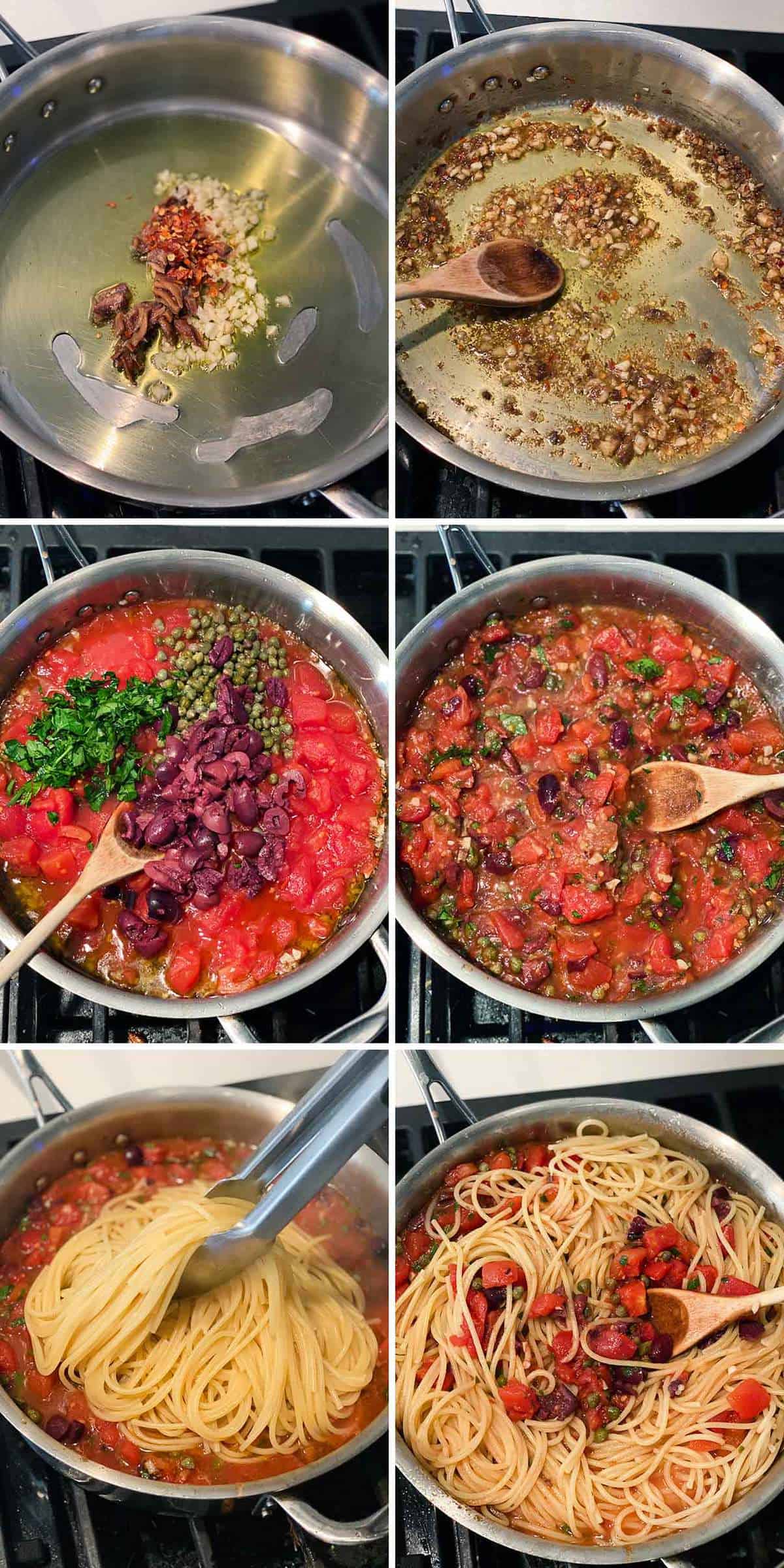 Process collage showing how to make puttanesca pasta sauce and adding spaghetti to it in a large skillet.