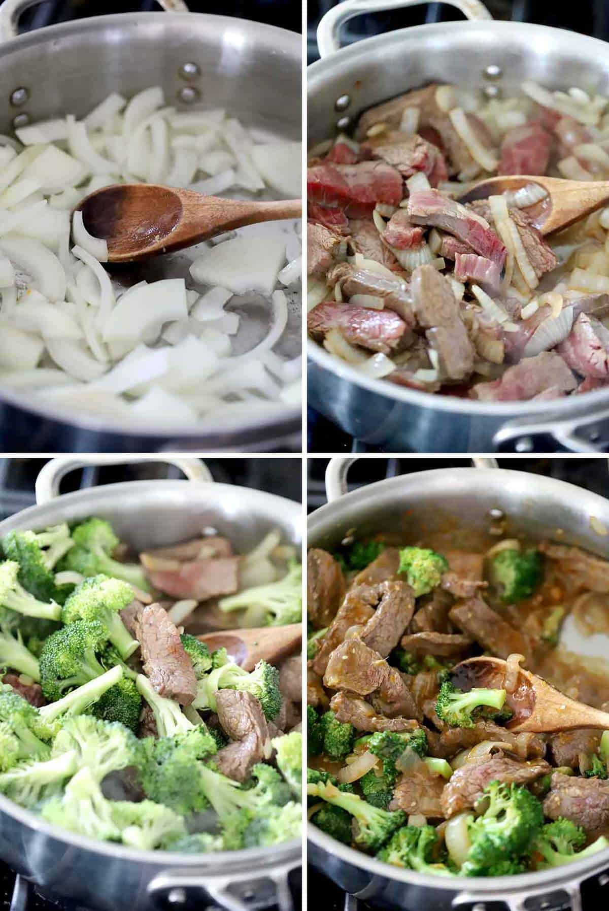 Step by step photo collage of how to make beef and broccoli