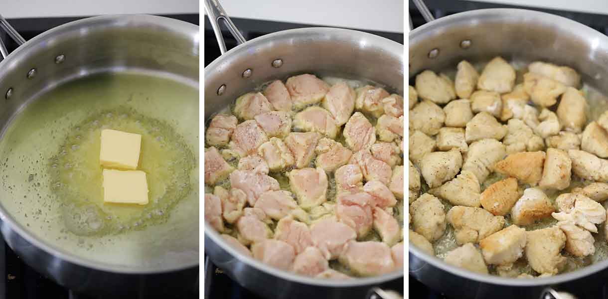 Cooking flour coated chicken in olive oil and butter.