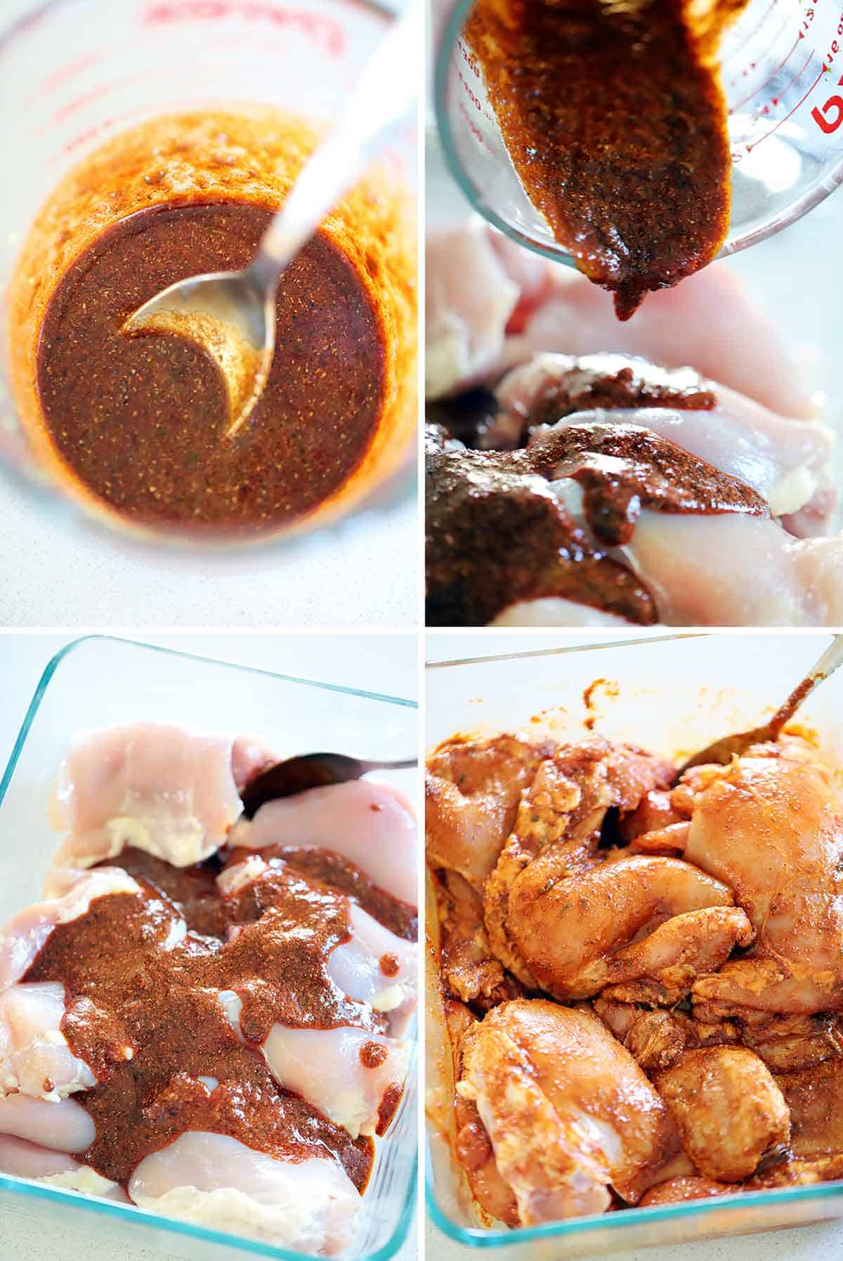 Process collage showing how to marinate chicken thighs for Mexican shredded chicken.