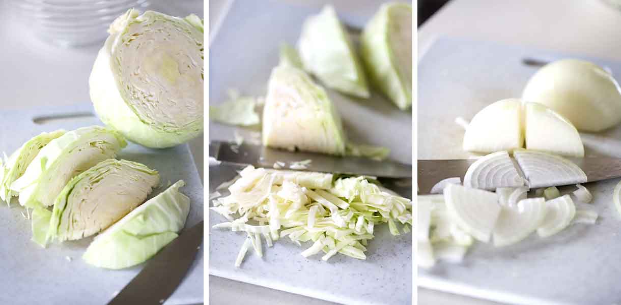How to shred cabbage with a knife and a thinly sliced onion.