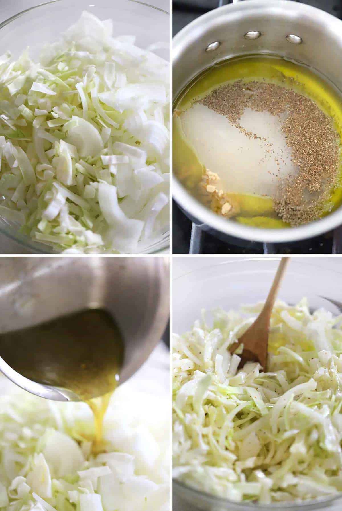 How to pour vinegar dressing with celery seed over cabbage and onion to make no mayo coleslaw.