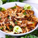 Square photo of Mexican pulled chicken.