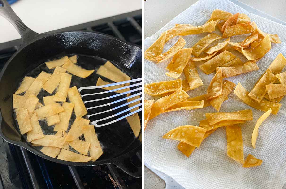 Process collage showing frying tortilla strips in a cast iron skillet and salting on a paper towel.