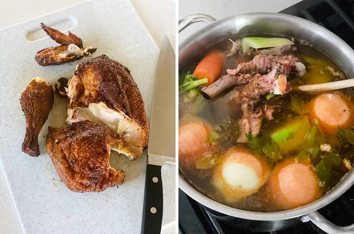 Process collage showing a half smoked chicken and smoked chicken stock.