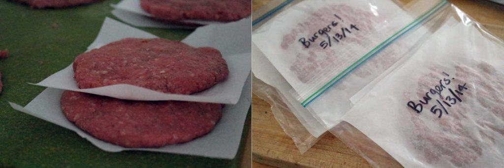 Photo collage showing one photo with ground beef formed into patties and laid on parchment paper, and another photo showing labeled plastic bags.