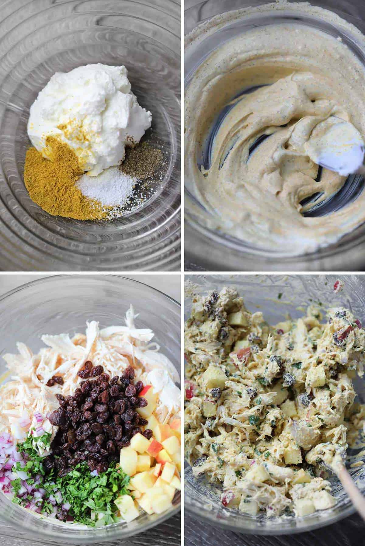 Process collage showing how to mix curried chicken salad.