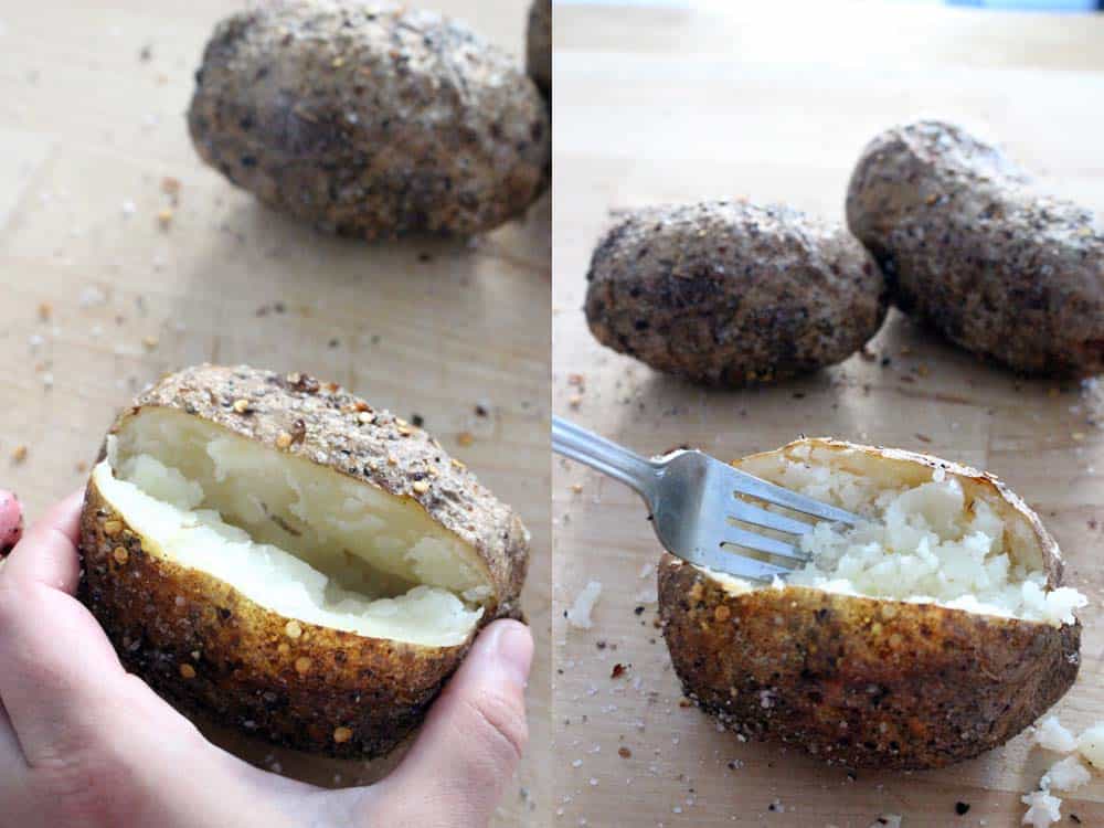 Two panel photo collage. On the left is a potato that has been sliced down the middle with an unsliced potato on the background. On the right is a potato that has been sliced down the middle being pierced with a fork, with potatoes in the background.