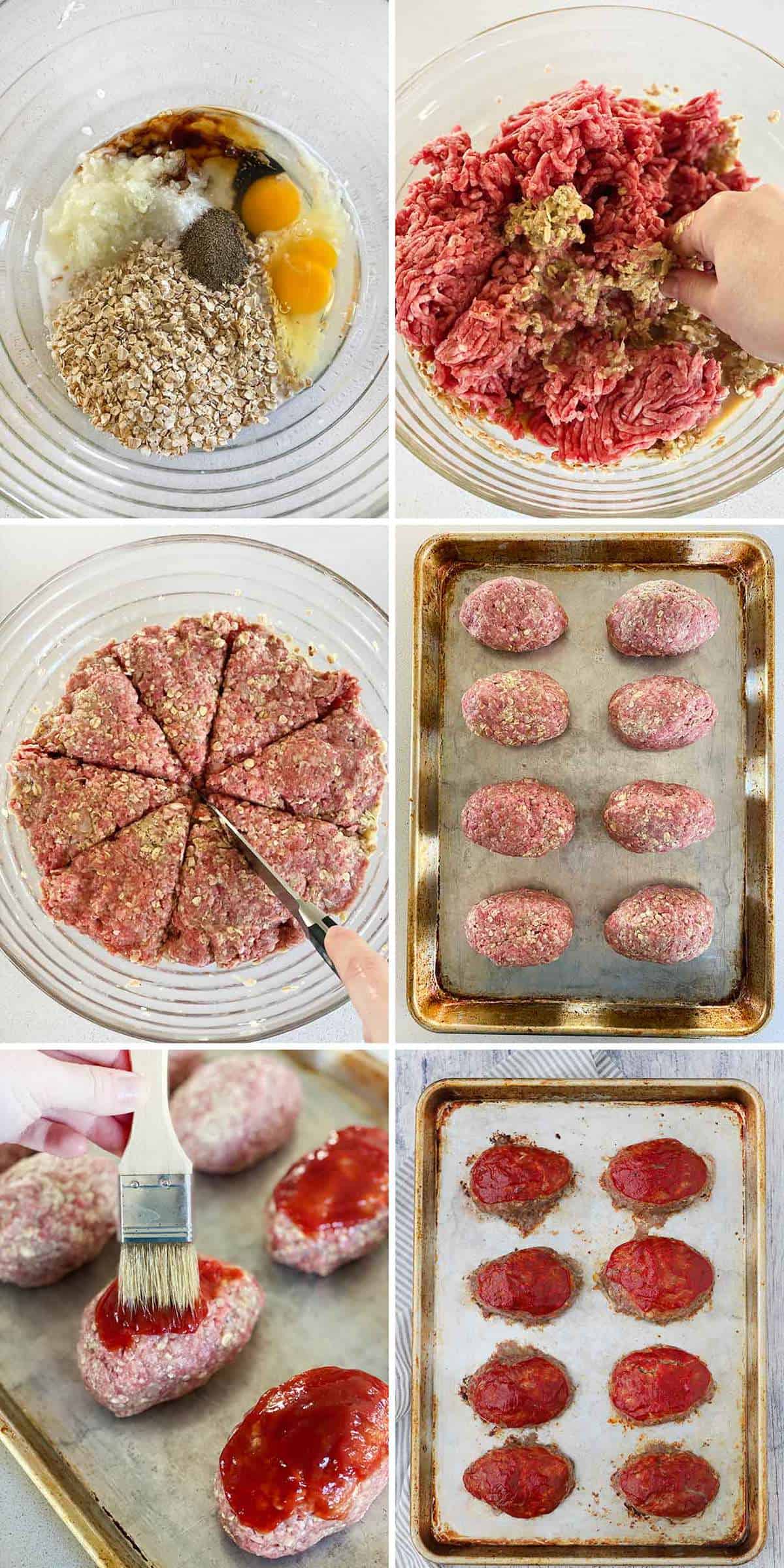 Process collage showing how to make, form, and bake mini meatloaves.