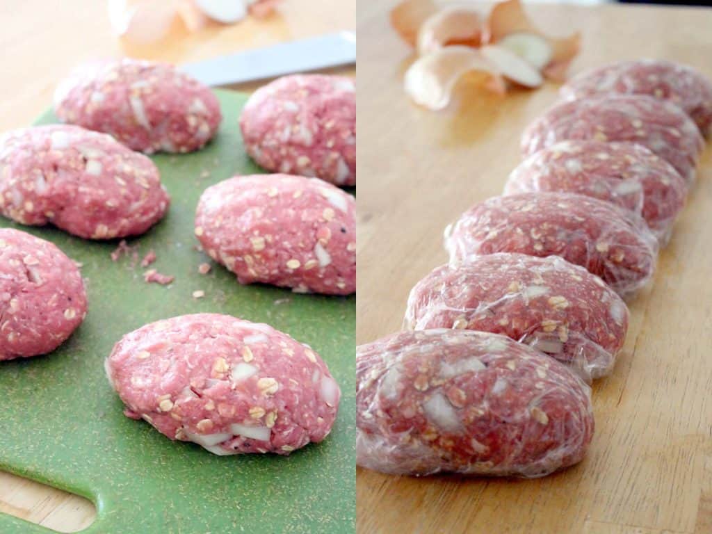 Photo collage showing two photos arranged side-by-side. The left photo shows ground beef formed into patties. The right photo shows ground beef formed into patties and wrapped in plastic.