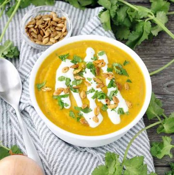 This slow cooker butternut squash soup is packed with flavor from curry, ginger, and other spices like turmeric. It's vegan, super creamy, and paleo/whole30 compliant!