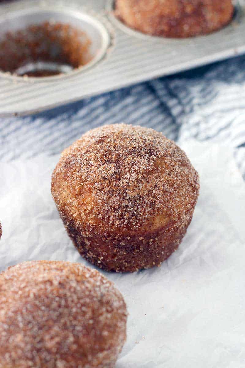 Whole Wheat Apple Cider Donut Muffins are melt-in-your-mouth, fluffy, and cake-like. They're partially sweetened with reduced apple cider, and brushed with melted butter and rolled in cinnamon and sugar after baking.