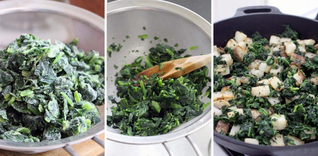 Photo collage showing 3 photos. The first photo shows frozen spinach in a mesh strainer. The second shows thawed spinach in a mesh strainer, being pressed with a wooden spoon. The last photo shows spinach and diced potatoes in a cast iron pan.