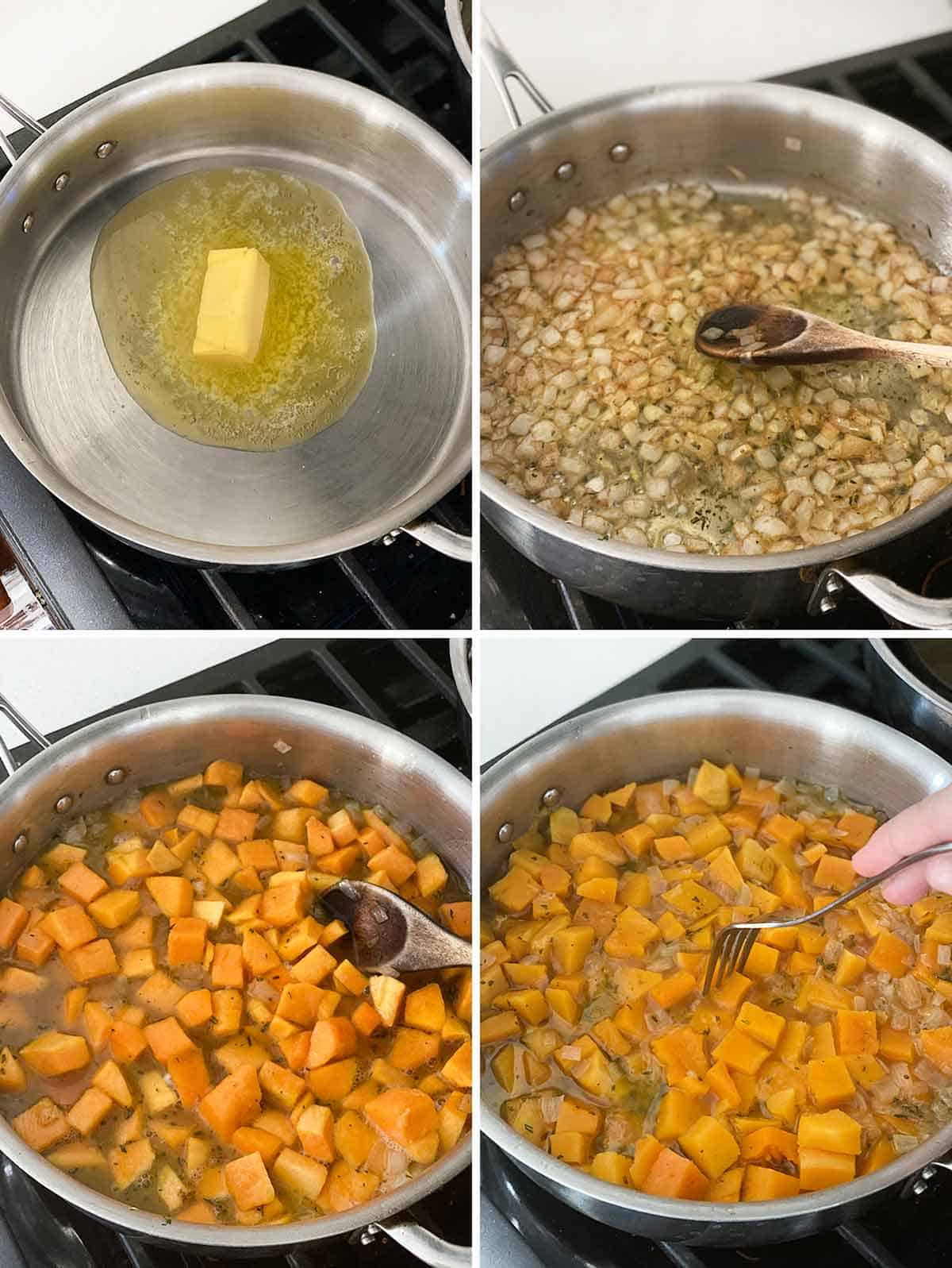 Process collage showing browning butter, adding onions, and butternut squash.