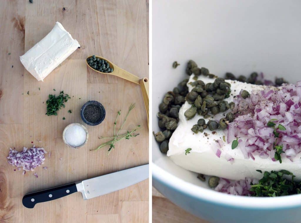 Photo collage with two photos. A photo on the left is a bird's eye view of cream cheese topping ingredients on a wooden cutting board. A photo on the right is of the cream cheese topping ingredients in a bowl.