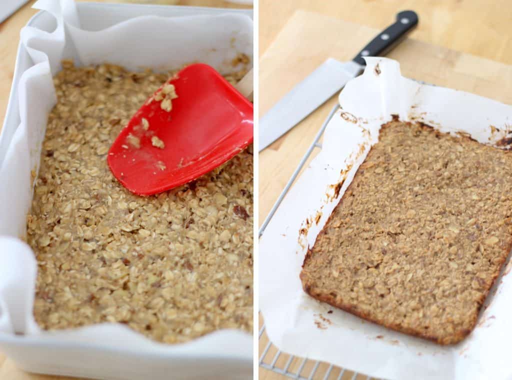 Photo collage showing two photos side-by-side. The left photo shows peanut butter energy bar mixture spread and pressed into a baking dish with a red spatula. The right photo shows the baked mixture in parchment paper after it comes out of the oven and the baking dish.