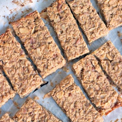 Overhead view of sliced peanut butter and banana energy bars.