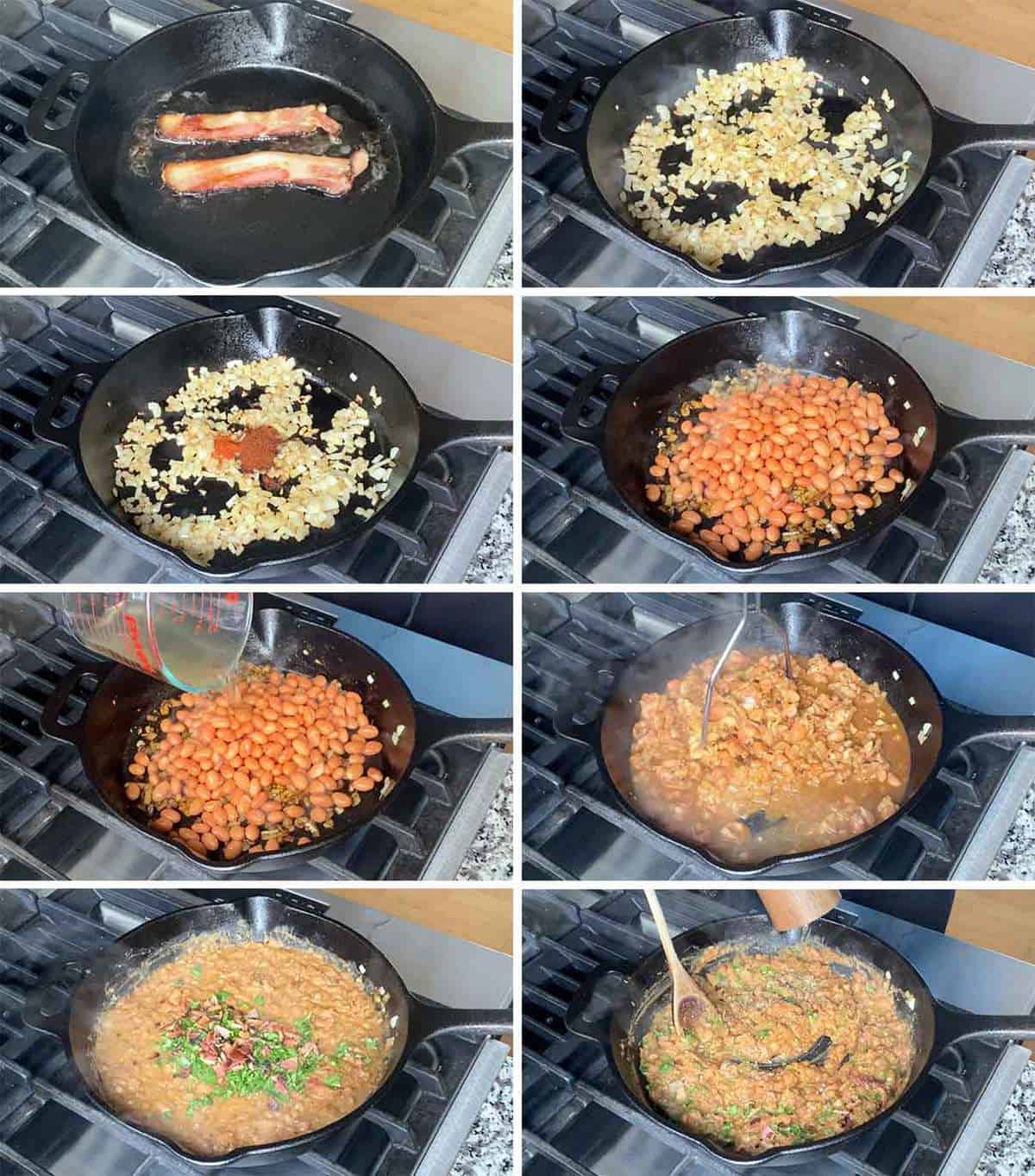 Process collage showing how to make homemade refried beans with bacon in a cast iron skillet.