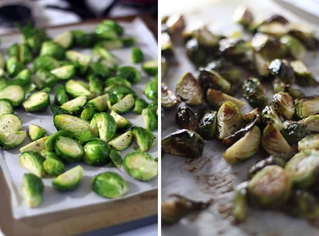 Photo collage showing two photos side-by-side. The left photo shows chopped, uncooked brussels sprouts on a baking sheet, and the right photo shows chopped, cooked brussels sprouts on a baking sheet.