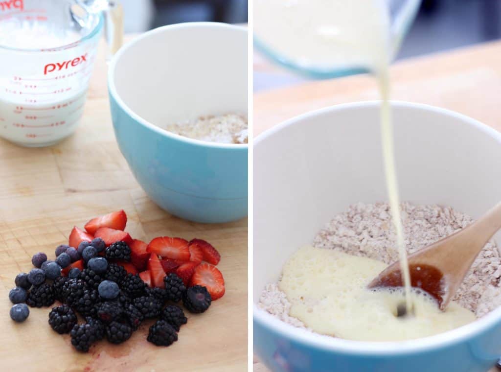 Photo collage showing two side-by-side photos. The left shows fresh berries on a cutting board with a mixing bowl and a glass measuring cup in the background. The right shows ingredients being added to a blue mixing bowl, about to be mixed together.