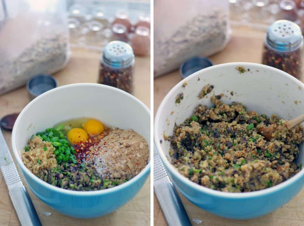 Photo collage showing two photos side-by-side. The left photo shows veggie burger ingredients in a blue bowl before being mixed. The right shows the ingredients in the bowl after they are mixed.