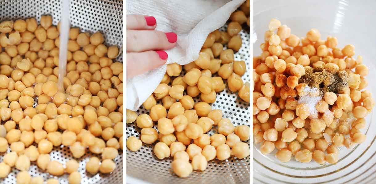 How to rinse, dry, and season canned chickpeas before roasting them.