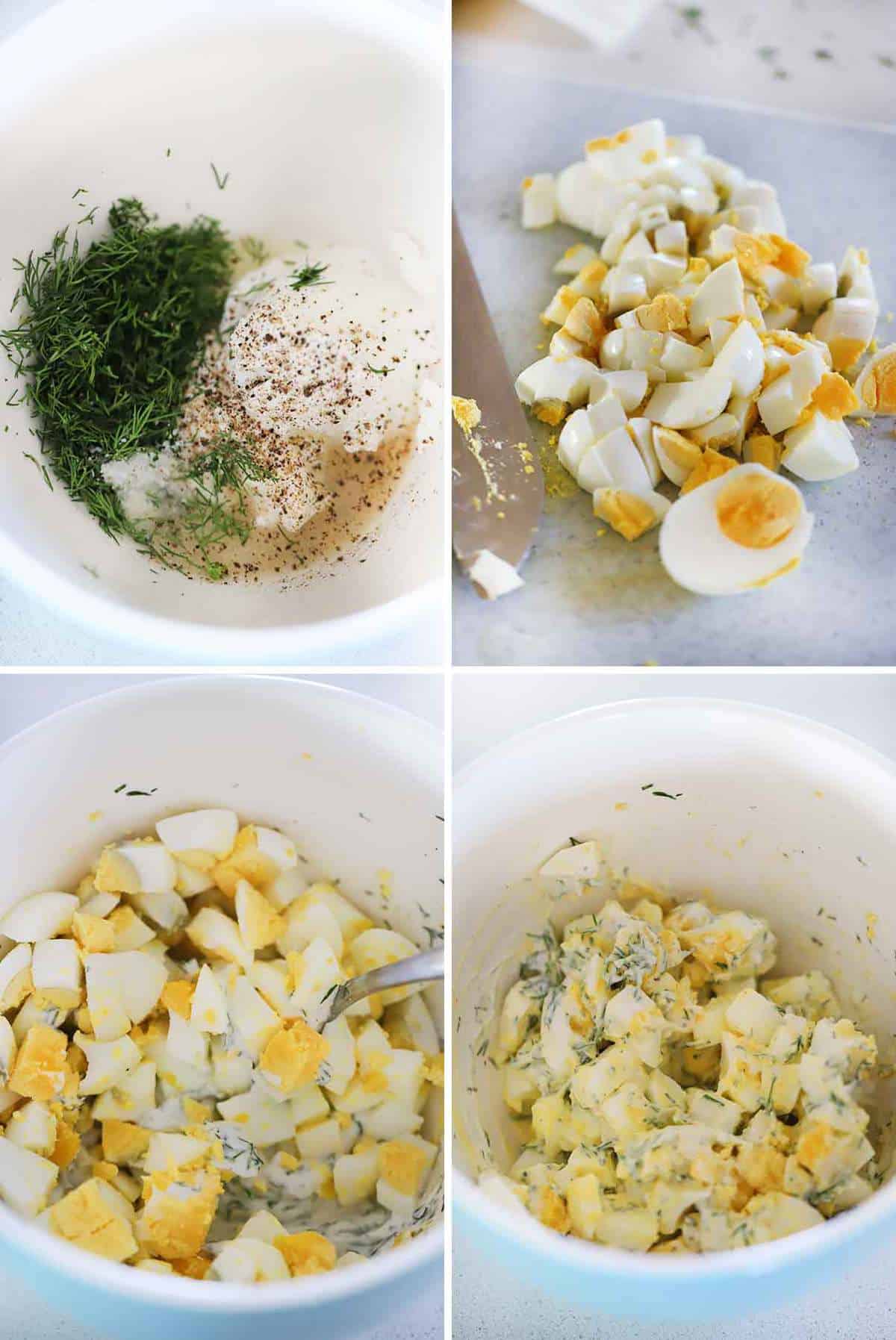 How to mix greek yogurt egg salad with fresh dill and lemon juice.