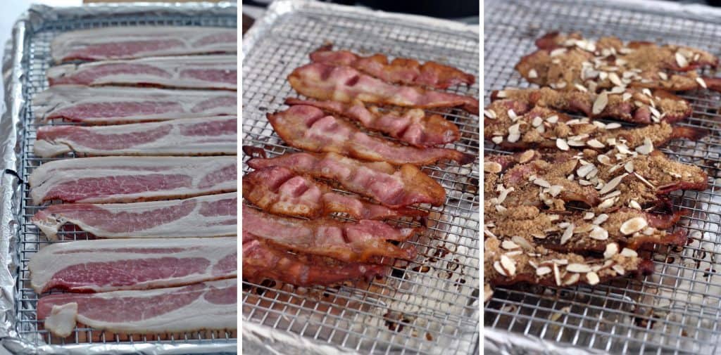 Photo collage showing three photos. Each one outlines a step in cooking Praline Bacon: the first photo shows raw bacon laid out on a wire rack, the middle photo shows cooked bacon on a wire rack, and the last photo shows cooked bacon with praline toppings.