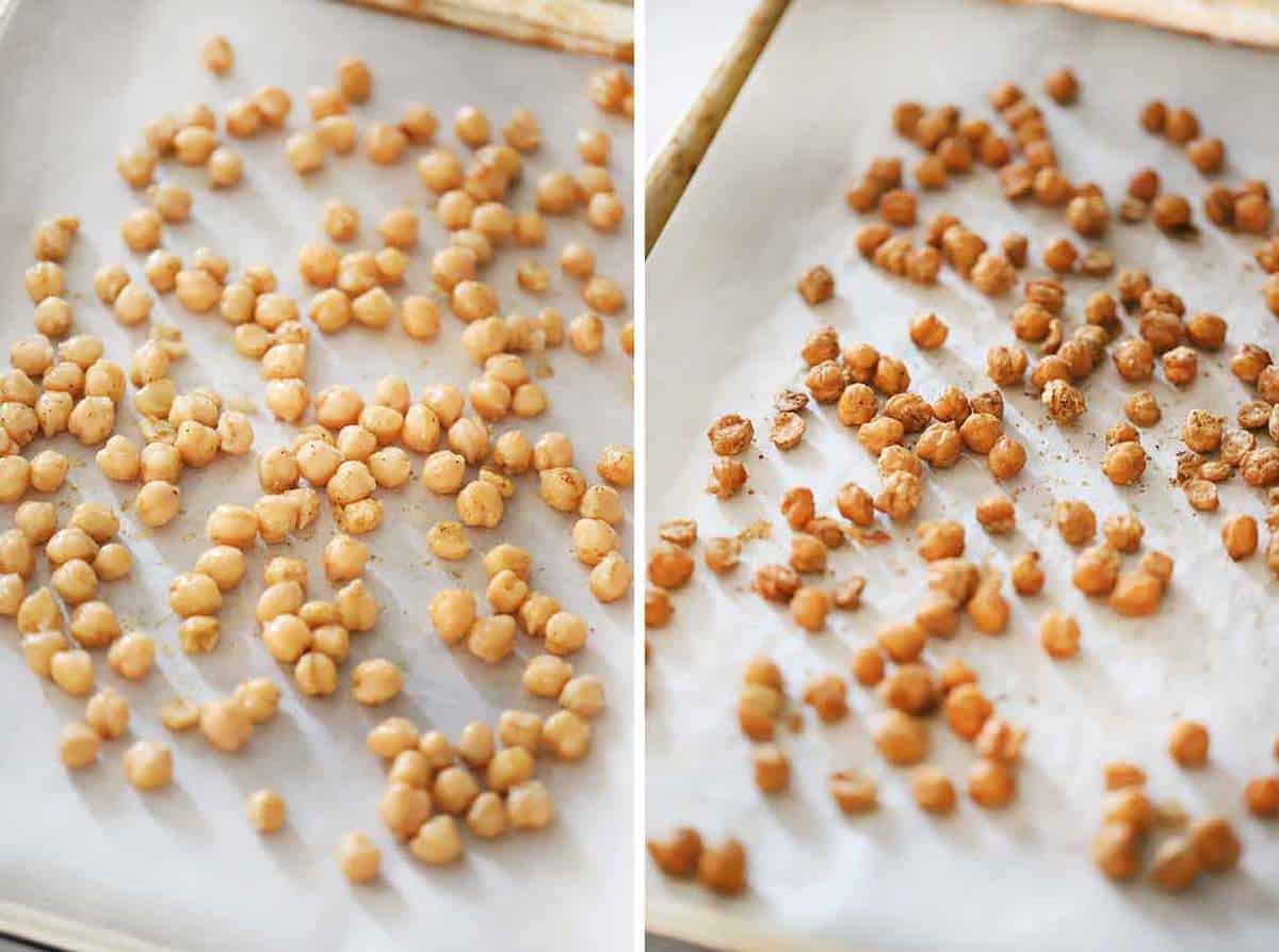 Roasted chickpeas on a baking sheet before and after roasting.