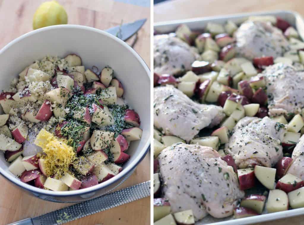 Two photos arranged side-by-side: the photo on the left shows a mixing bowl filled with recipe ingredients about to be mixed together, and the right photo shows the raw, coated ingredients spread out on a baking sheet.