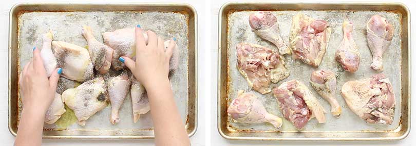 Bird's eye view of two side-by-side photos that show how to season chicken thighs and drumsticks with oil, salt, and pepper.
