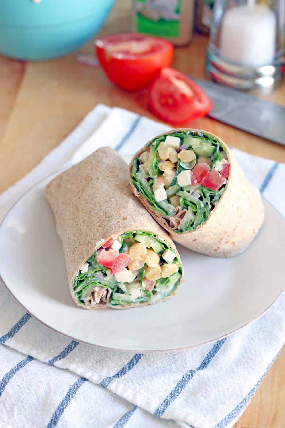 mediterranean chickpea and feta salad wrap with creamy greek dressing