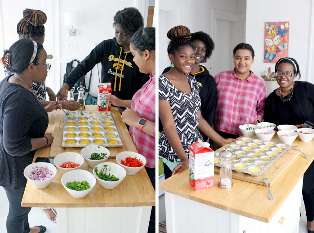 Photo collage showing two photos side-by-side. The photo on the left shows a group of four teenagers with dark and medium skin tones filling a muffin pan with eggs. The photo on the left shows the same four teenagers looking up and smiling at the camera, with the filled muffin pan in front of them.